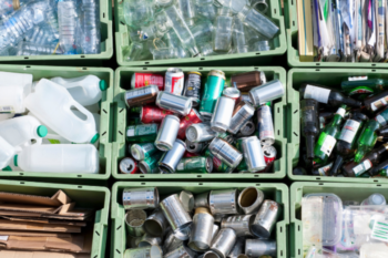 recycling tubs of cans and bottles