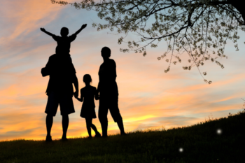 Silhouette of a family with children at sunset, capturing a joyful moment outdoors with a beautiful sky, perfect for family, outdoor, and nature-related content.