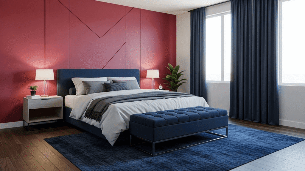 Bright bedroom featuring a bold pink accent wall, navy blue curtains, and stylish furniture for a contemporary bedroom design. Perfect for creating a vibrant and relaxing space.