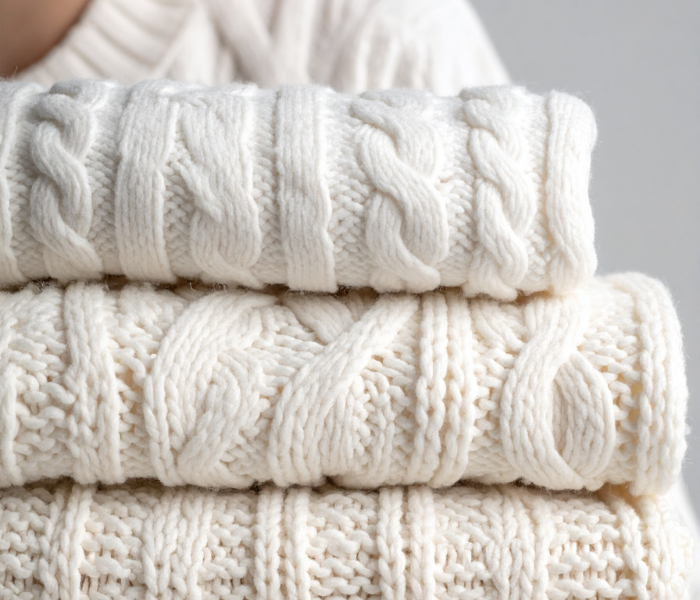 Close-up of stacked soft white cable knit sweaters, highlighting quality craftsmanship and warm, stylish winter fashion essentials.