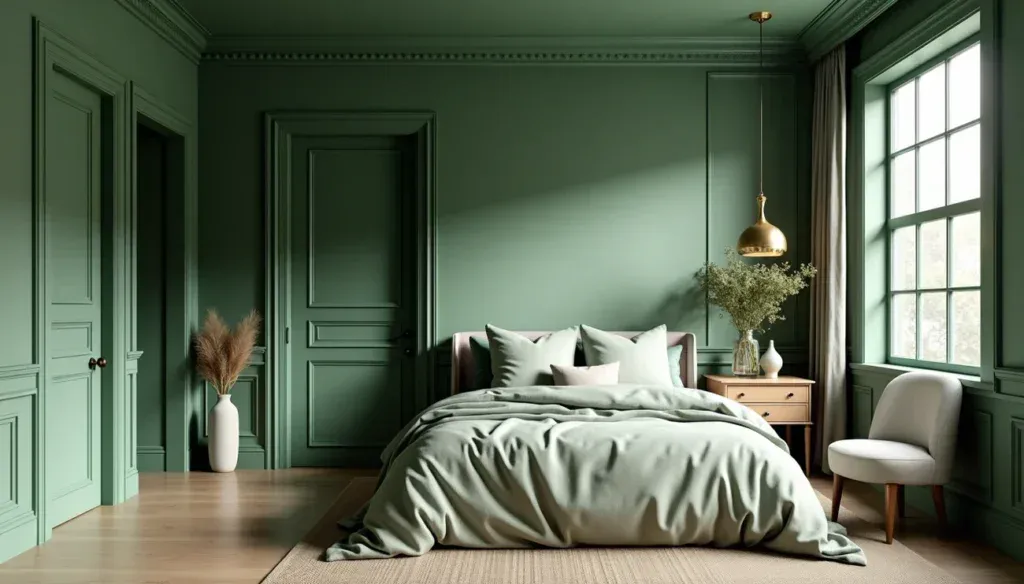 An inviting bedroom featuring lush green walls, a comfortable bed with neutral bedding, and natural sunlight streaming through large windows, creating a calming and stylish space.