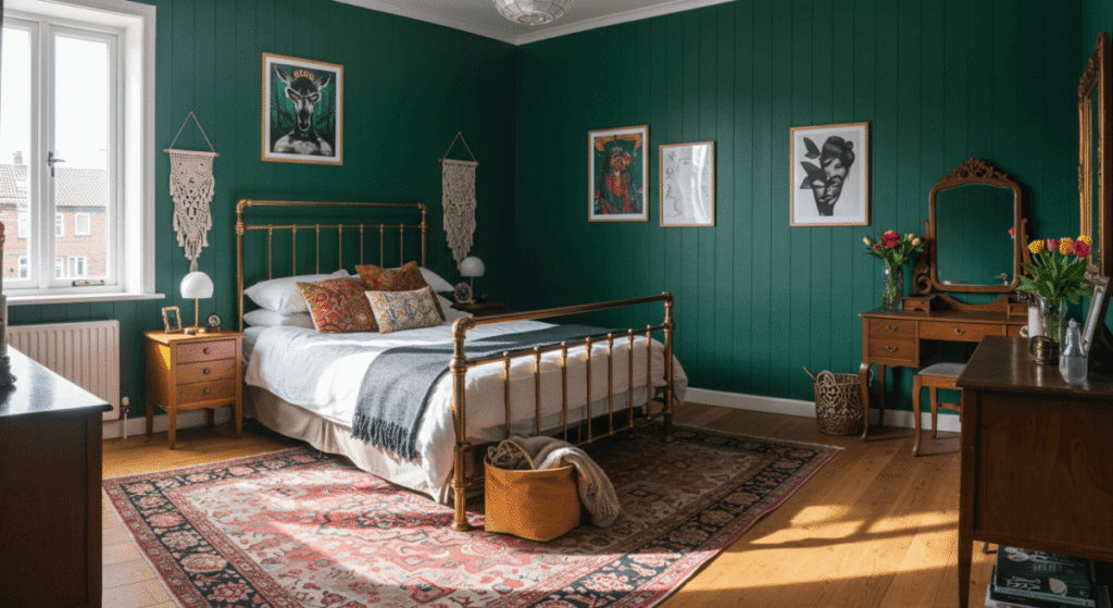 A stylish bedroom featuring dark green walls, a brass bed frame, and vintage furniture, creating a warm and inviting atmosphere perfect for relaxing and unwinding.