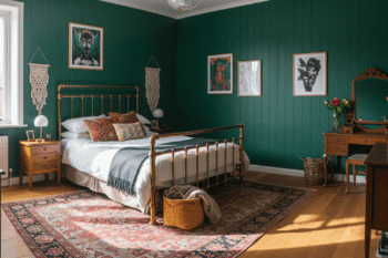 A stylish bedroom featuring dark green walls, a brass bed frame, and vintage furniture, creating a warm and inviting atmosphere perfect for relaxing and unwinding.