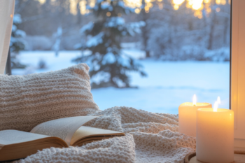 Warm winter home tips for cold days, featuring candles and a cozy blanket by the window. Perfect for those who always feel cold and want to create a snug, inviting atmosphere.
