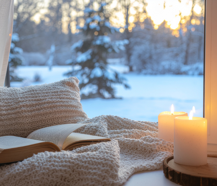Warm winter home tips for cold days, featuring candles and a cozy blanket by the window. Perfect for those who always feel cold and want to create a snug, inviting atmosphere.