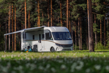 rv parked up in woods