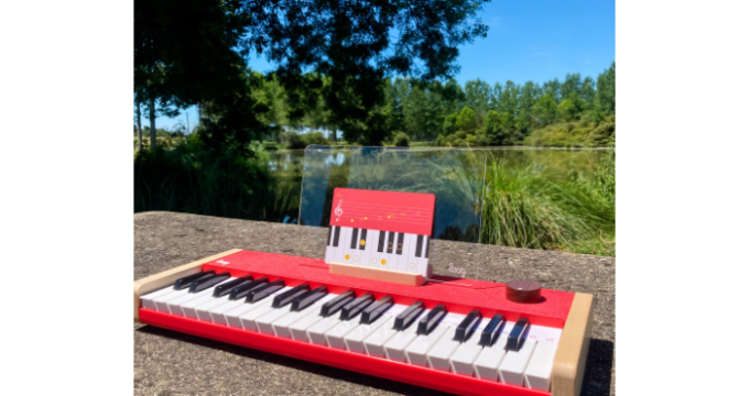 loog piano with lake behind