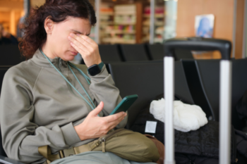 lady waiting at airport looking tired and stressed