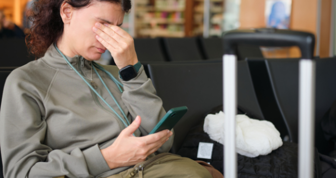 lady waiting at airport looking tired and stressed