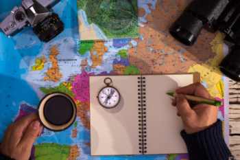map, notebook, compass, camera
